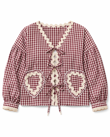 Maroon & White Gingham Lace Tie-Up Top MYMASHA