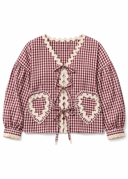 Maroon & White Gingham Lace Tie-Up Top MYMASHA