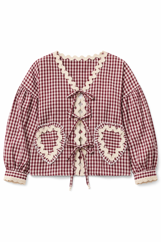 Maroon & White Gingham Lace Tie-Up Top