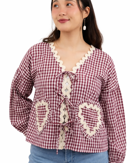 Maroon & White Gingham Lace Tie-Up Top MYMASHA