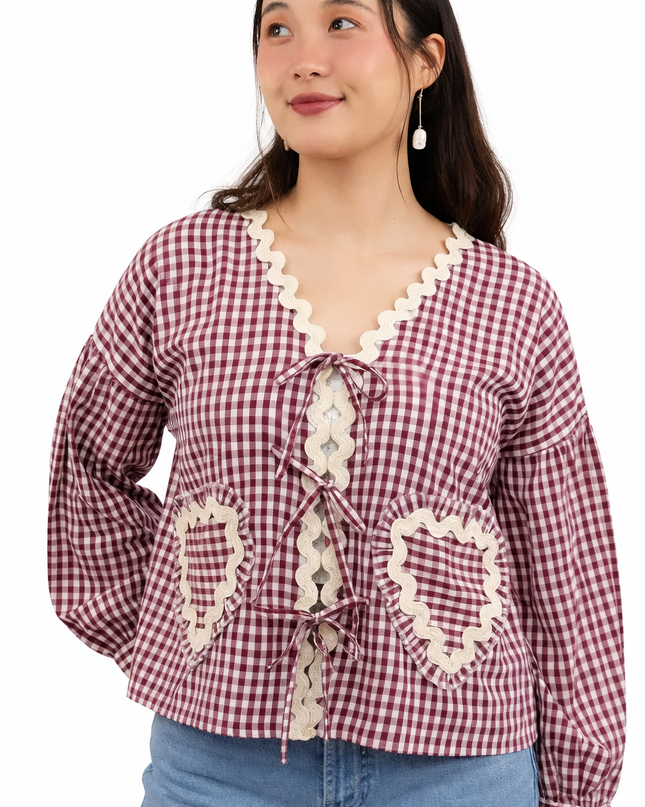 Maroon & White Gingham Lace Tie-Up Top MYMASHA