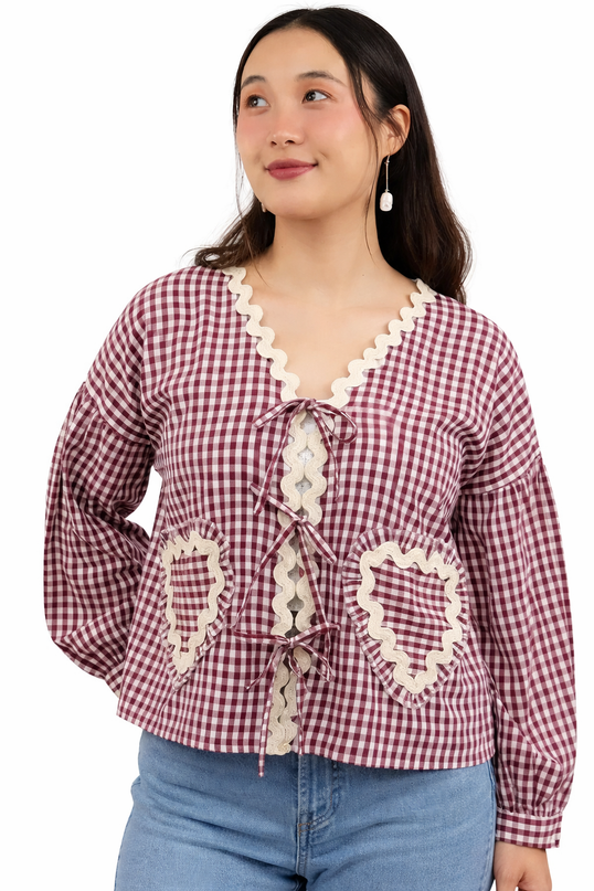Maroon & White Gingham Lace Tie-Up Top