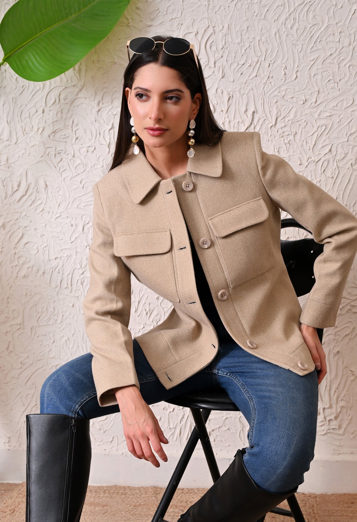 Women Off-White Woollen Hip-Length Coat