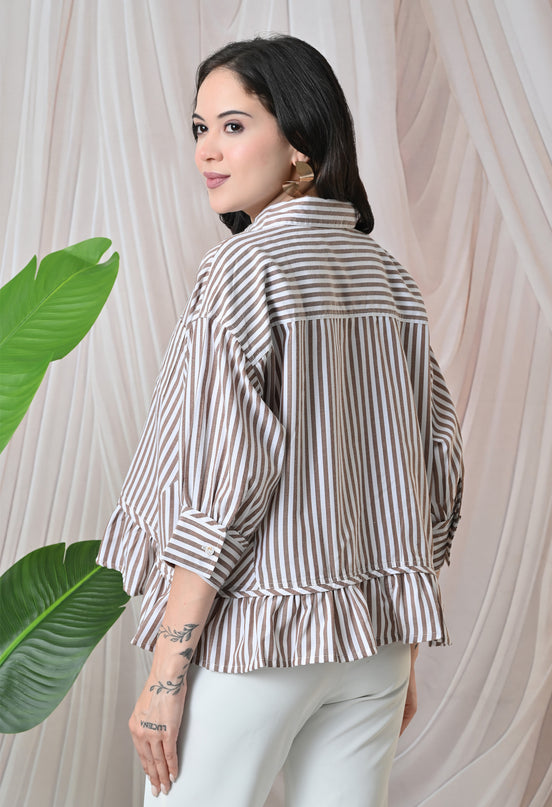 Brown Ruffled Stripe Shirt
