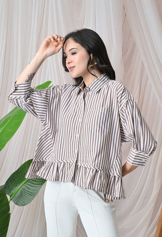 Brown Ruffled Stripe Shirt