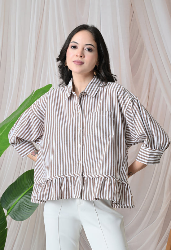 Brown Ruffled Stripe Shirt