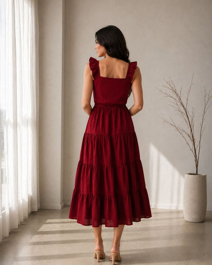 Maroon Maxi Dress – Elegant Ruffle Sleeve Maxi Dress