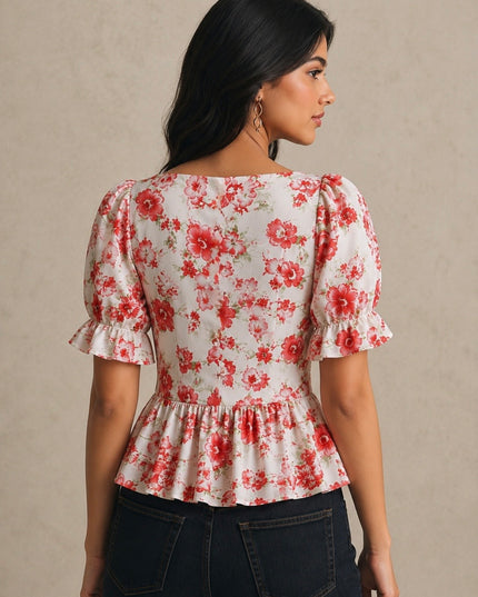 Printed Peplum Top – Floral V-Neck Peplum Top for Women