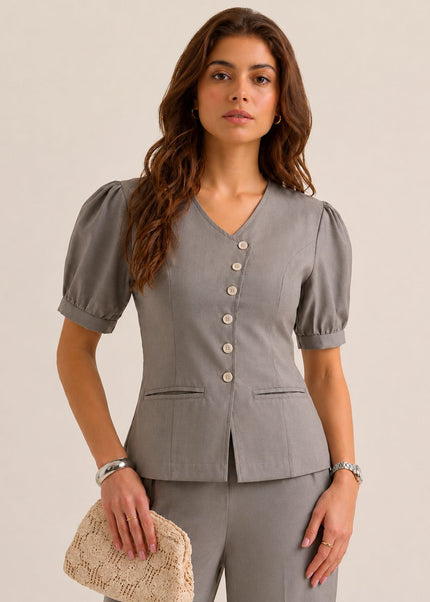 Women Solid Grey V-Neck Puff Sleeve Tailored Top