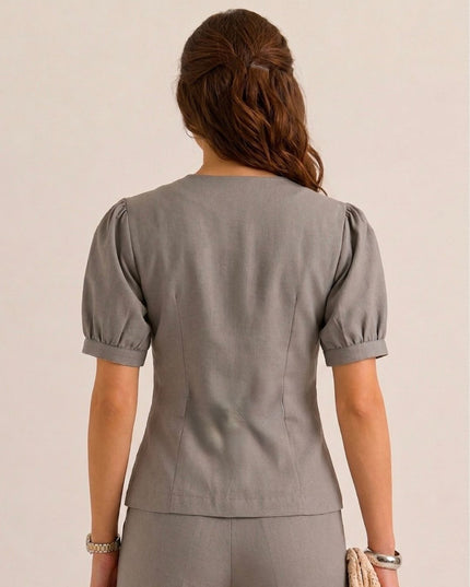 Women Solid Grey V-Neck Puff Sleeve Tailored Top