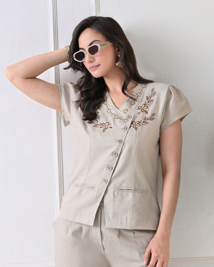 Blue Embroidered V-Neck Cotton Top