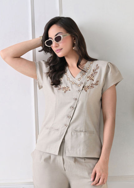 Blue Embroidered V-Neck Cotton Top