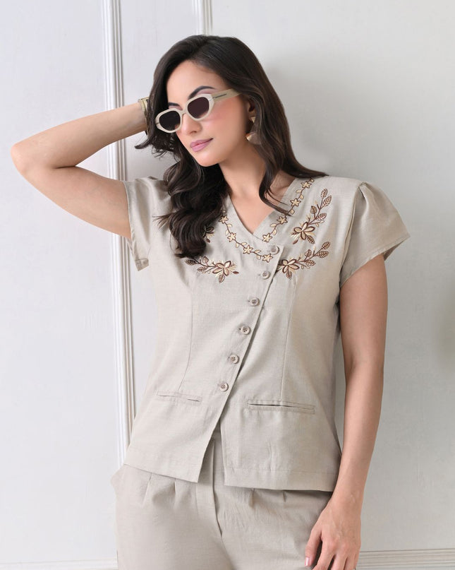 Blue Embroidered V-Neck Cotton Top