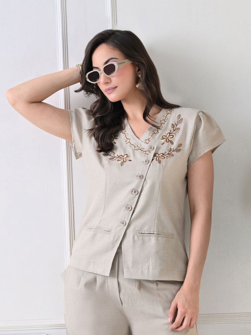 Blue Embroidered V-Neck Cotton Top