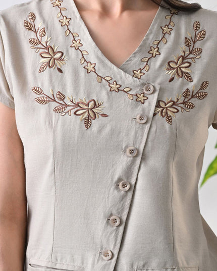 Blue Embroidered V-Neck Cotton Top