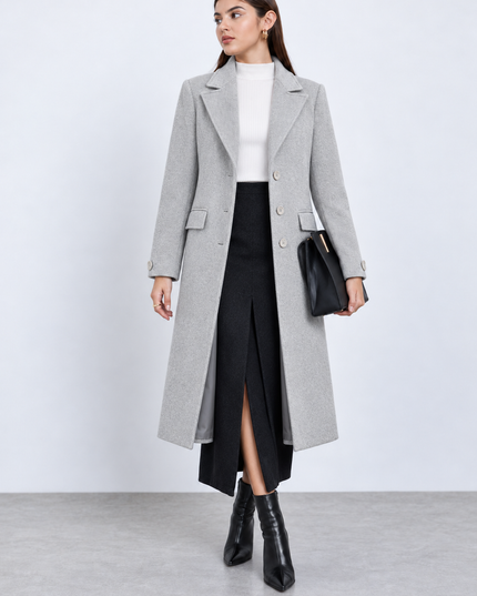 Grey Single-Breasted Longline Overcoat