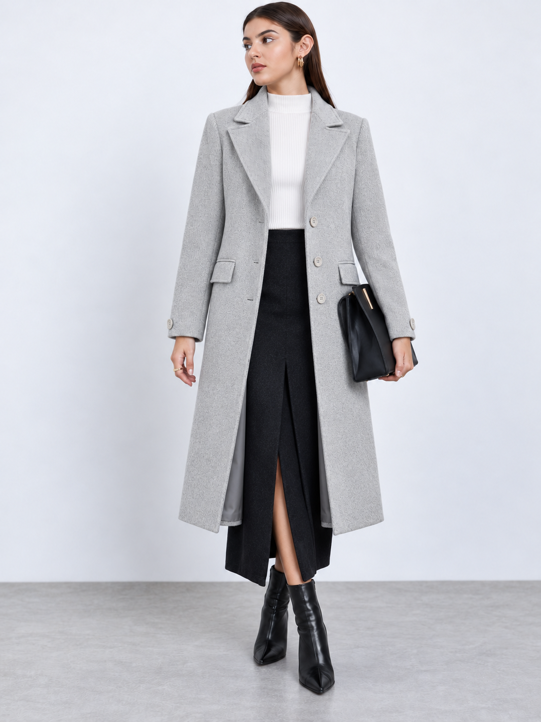 Grey Single-Breasted Longline Overcoat