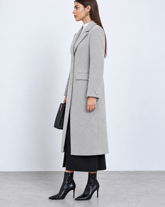 Grey Single-Breasted Longline Overcoat