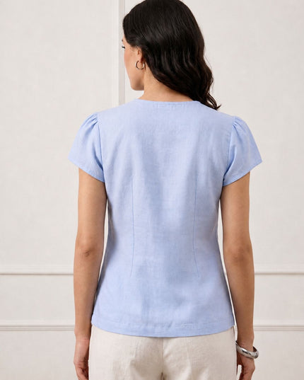 Women Blue Floral Embroidered V-Neck Cotton Top