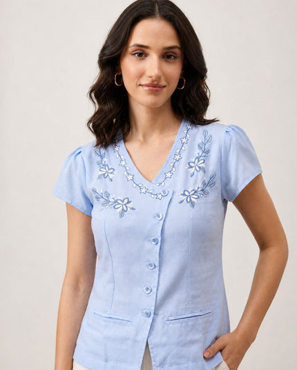 Women Blue Floral Embroidered V-Neck Cotton Top