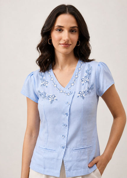 Women Blue Floral Embroidered V-Neck Cotton Top