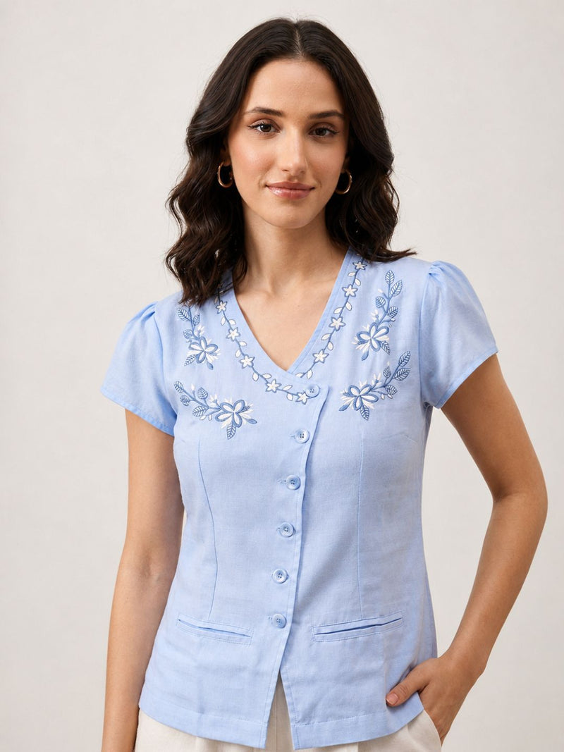 Women Blue Floral Embroidered V-Neck Cotton Top
