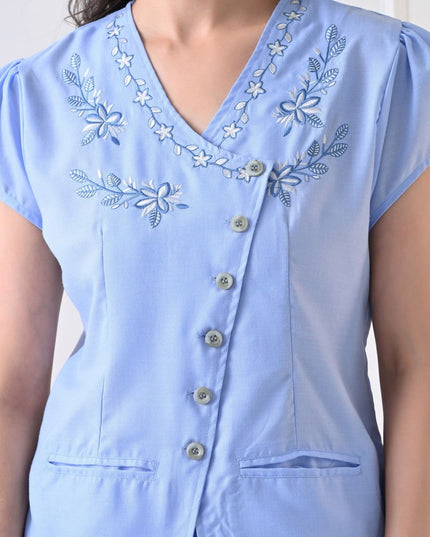 Women Blue Floral Embroidered V-Neck Cotton Top