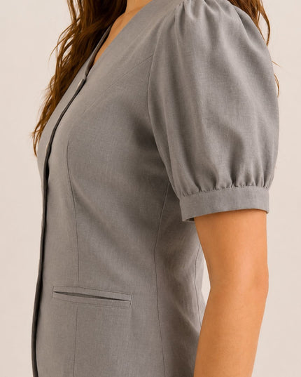 Women Solid Grey V-Neck Puff Sleeve Tailored Top