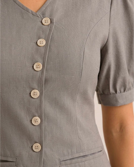 Women Solid Grey V-Neck Puff Sleeve Tailored Top