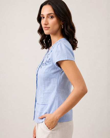 Women Blue Floral Embroidered V-Neck Cotton Top