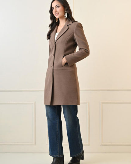 WOMEN BROWN SINGLE BREASTED OVERCOAT