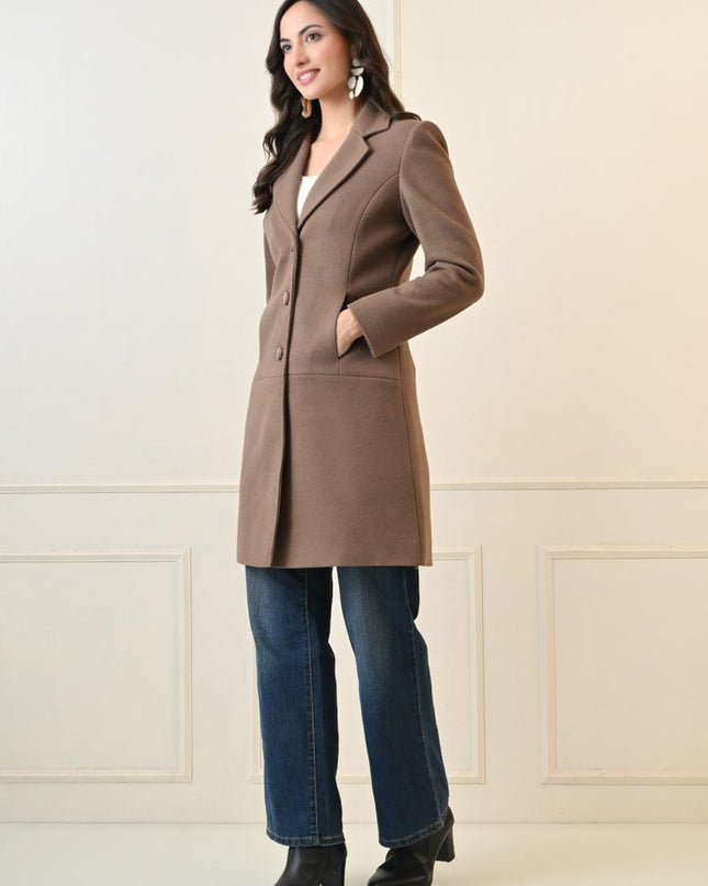 WOMEN BROWN SINGLE BREASTED OVERCOAT