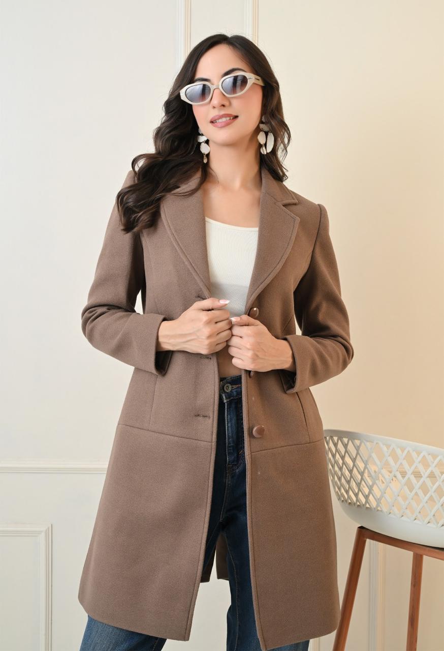 WOMEN BROWN SINGLE BREASTED OVERCOAT