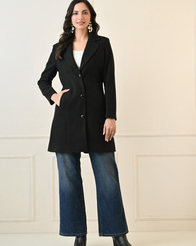 WOMEN SOLID BLACK OVERCOAT