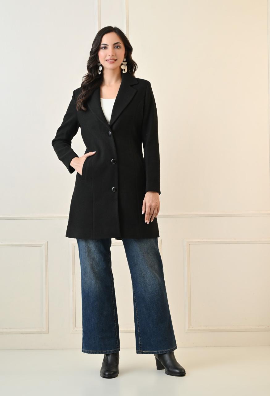 WOMEN SOLID BLACK OVERCOAT