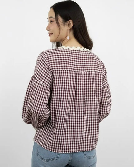 Maroon & White Gingham Lace Tie-Up Top