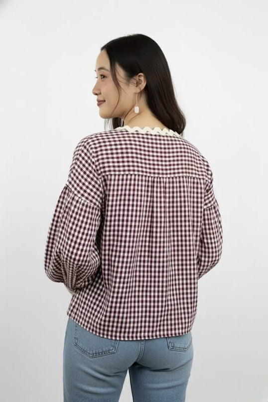 Maroon & White Gingham Lace Tie-Up Top