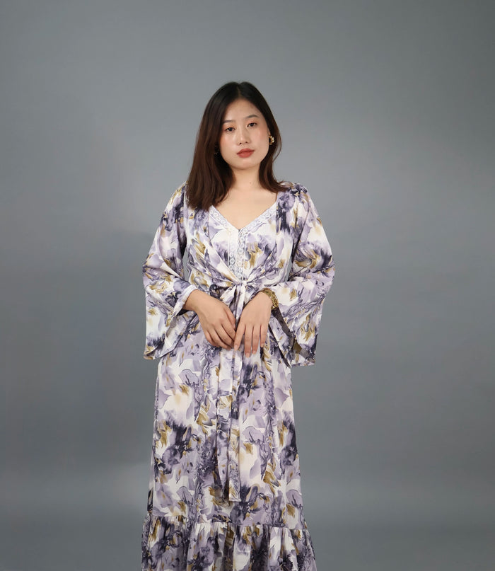 Floral Crepe Maxi Dress with Detachable Cape