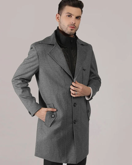 Grey Herringbone Overcoat with Quilted Bib