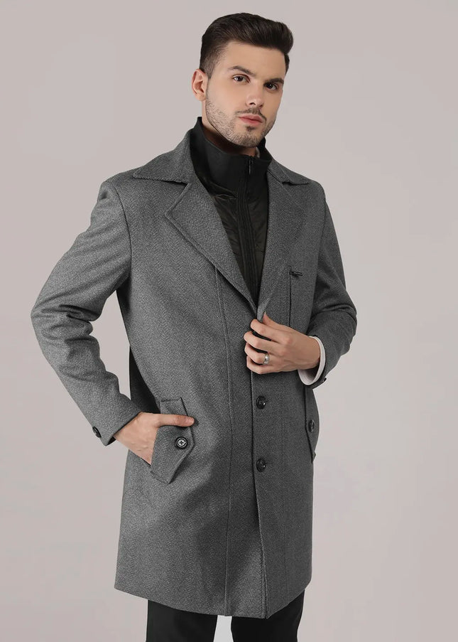 Grey Herringbone Overcoat with Quilted Bib