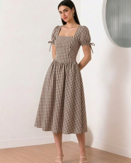 Brown & White Checkered Maxi Dress
