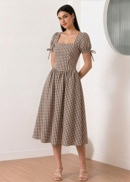 Brown & White Checkered Maxi Dress