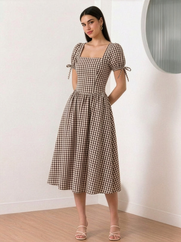 Brown & White Checkered Maxi Dress