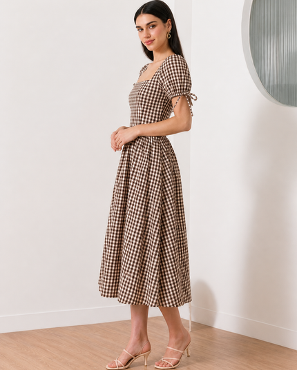 Brown & White Checkered Maxi Dress