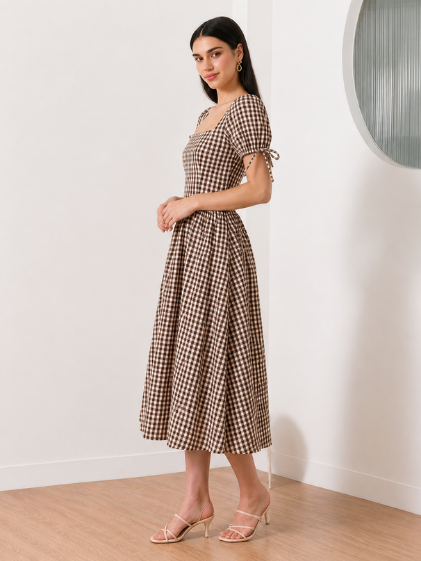 Brown & White Checkered Maxi Dress