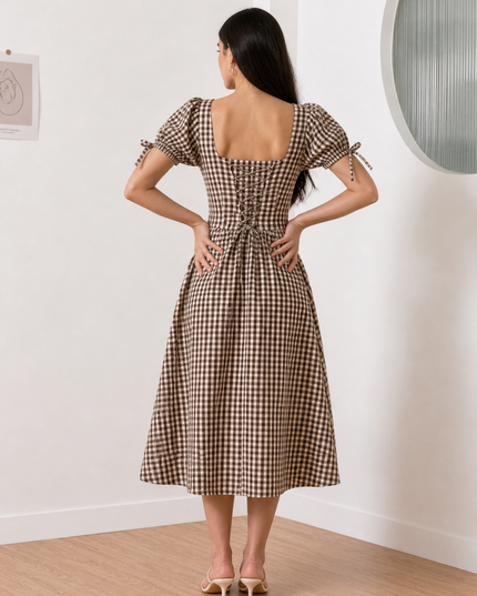 Brown & White Checkered Maxi Dress