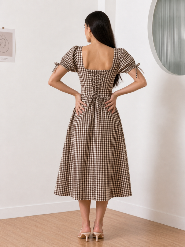 Brown & White Checkered Maxi Dress