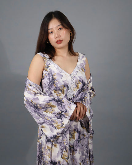 Floral Crepe Maxi Dress with Detachable Cape