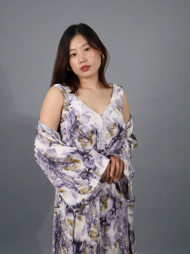 Floral Crepe Maxi Dress with Detachable Cape