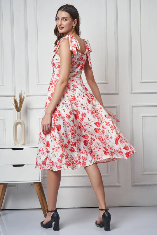 Red White Floral Print Dress